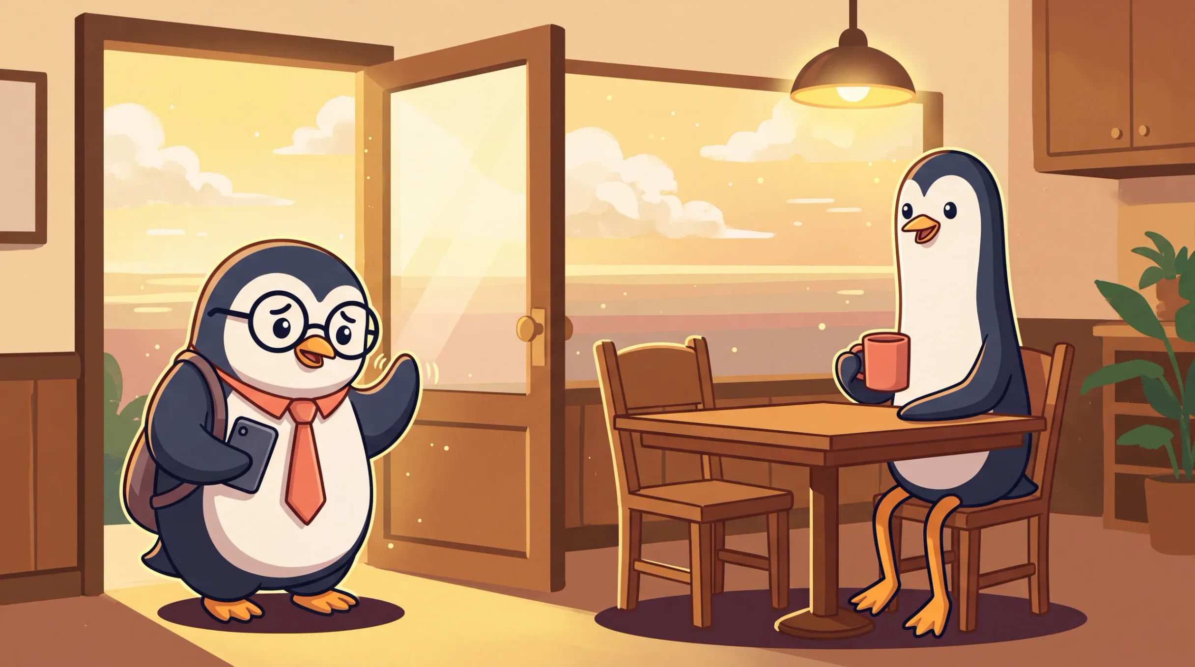 Zwei Pinguine verabschieden sich freundlich an der Tür eines Cafés.