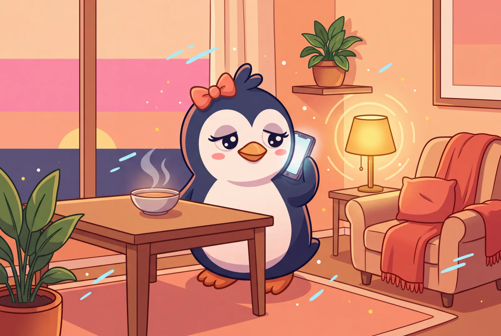 Ein Pinguin beendet ein Telefongespräch zu Hause neben einer Schüssel Abendessen.