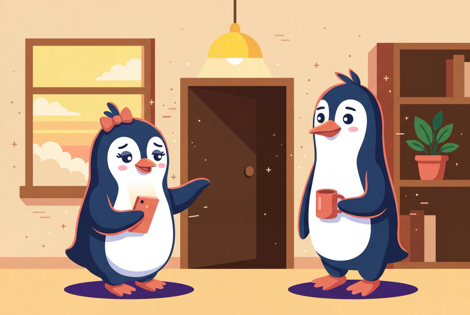 Zwei Pinguine beenden ein Gespräch neben einer Bürotür.
