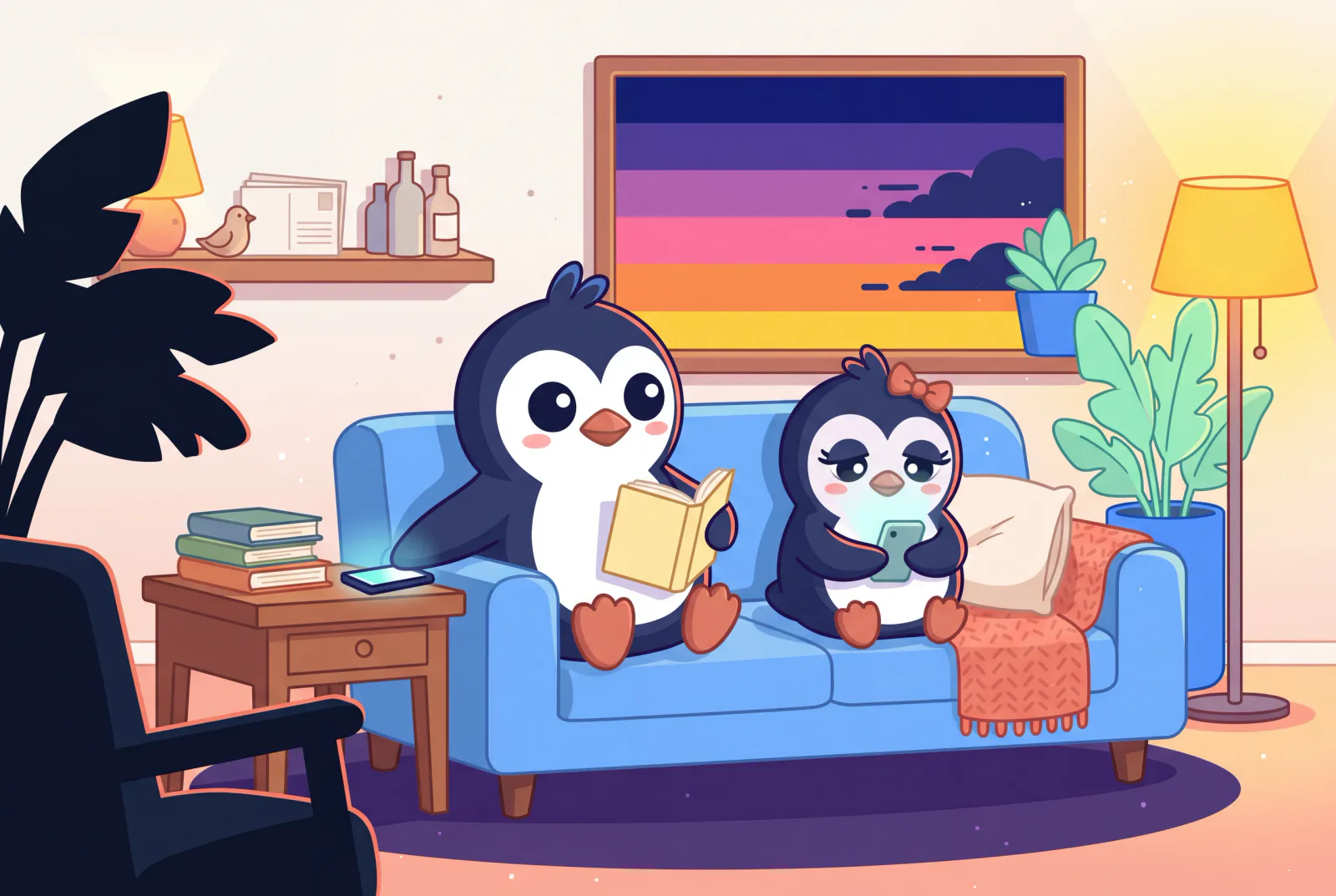 Zwei Quippy-Pinguine zu Hause, einer liest und einer denkt über eine Nachricht nach.