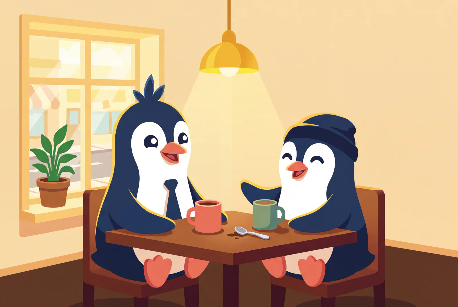 Zwei Quippy-Pinguine unterhalten sich fröhlich an einem Cafétisch.