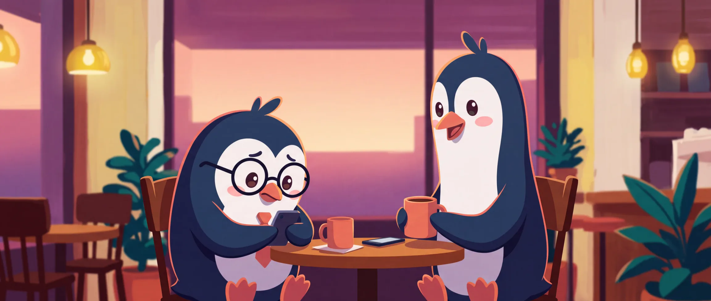 Quippy penguins illustrating what to text after a first date.