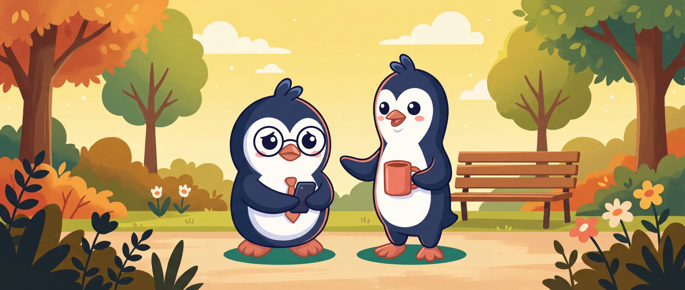Quippy penguins illustrating how to ask someone to hang out.