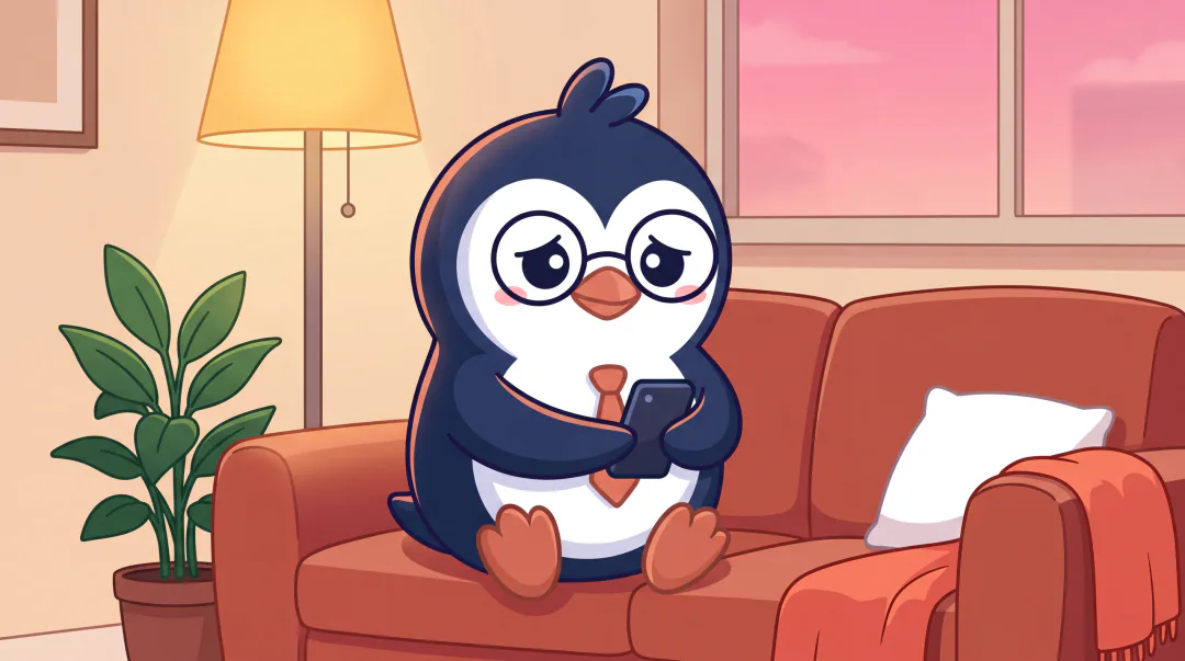 Sam, a penguin with round glasses and a coral tie, sits on a couch at dusk writing a careful message on his phone.
