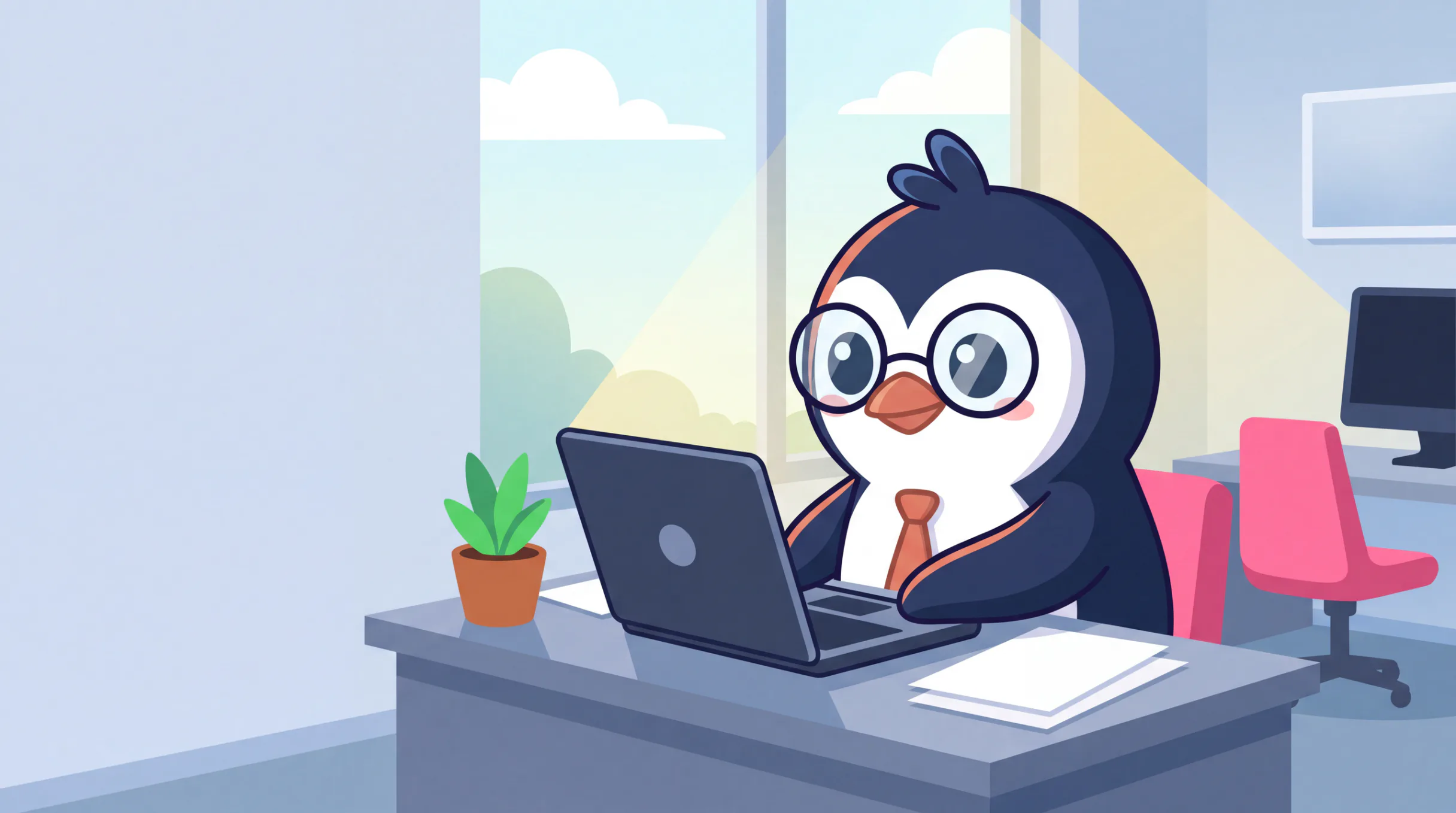 Sam sitzt an einem Büroschreibtisch an einem sonnigen Fenster und beugt sich zu seinem Laptop, während er sich darauf vorbereitet, eine kurze Nachricht zu senden.