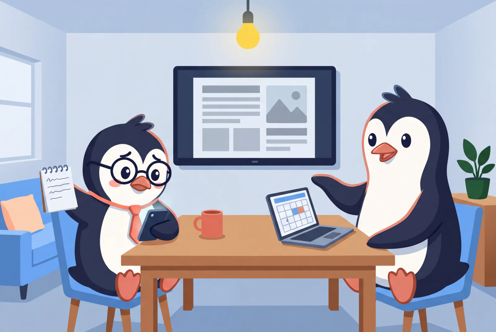 Sam, ein Pinguin mit runder Brille und korallenroter Krawatte, sitzt Jordan am Besprechungstisch gegenüber. Sam hält einen kleinen Notizblock in der Hand, auf dem Wandbildschirm ist ein freigegebenes Dokument geöffnet und auf einem Laptop rechts ist ein Kalender zu sehen.