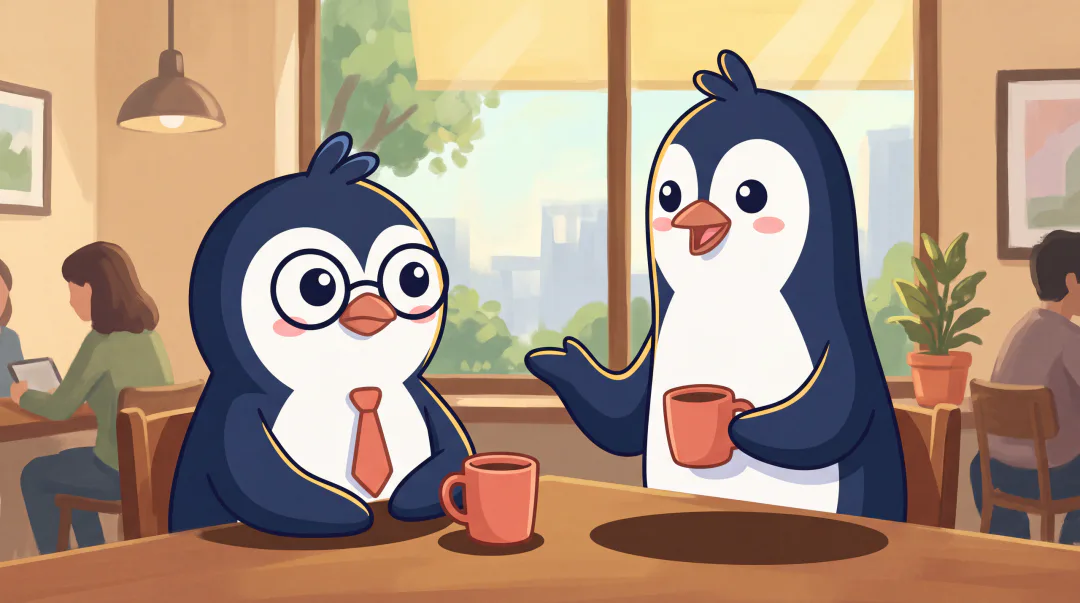 Sam sits at a cafe table with his coffee, listening closely while Jordan tells a story.