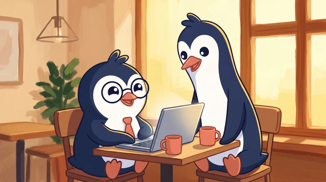 Sam smiles at his laptop at a cafe table while Jordan leans in to read the introduction he is writing.