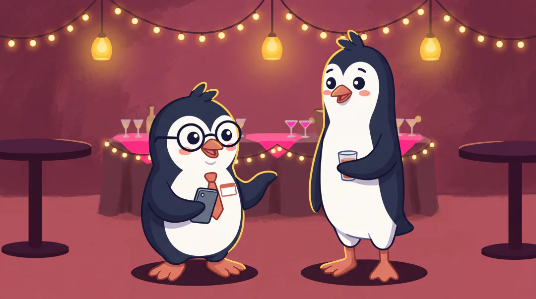 Sam, wearing a name tag, introduces himself to Jordan at an evening mixer under string lights.