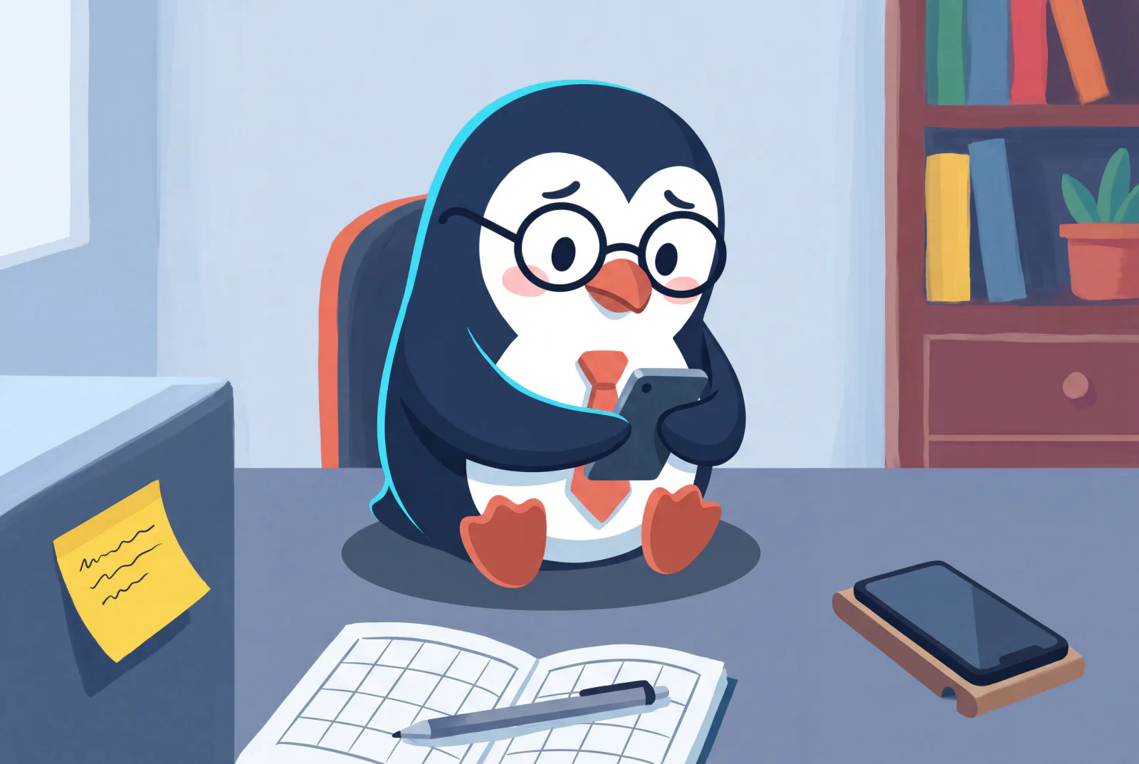 Sam, ein Pinguin mit runder Brille und korallenroter Krawatte, sitzt an einem Schreibtisch und ist gerade dabei, einen Anruf zu tätigen, mit einer Haftnotiz, einem aufgeschlagenen Papierkalender und einem Stift sowie einem Telefon auf Lautsprecher.