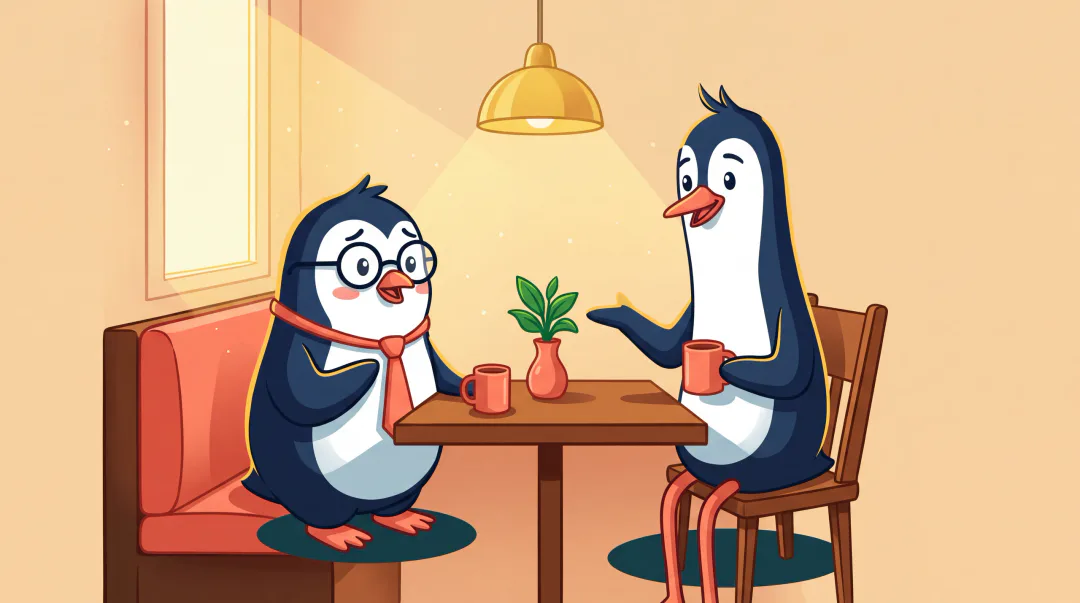 Sam and Jordan talk at a sunny cafe table with two mugs.