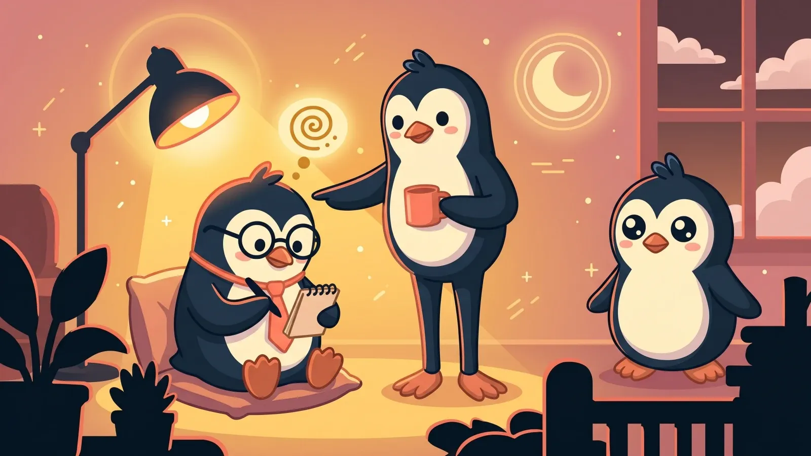A warm lamp-lit scene where Quippy penguins notice a small thought spiral without turning it into a fight.
