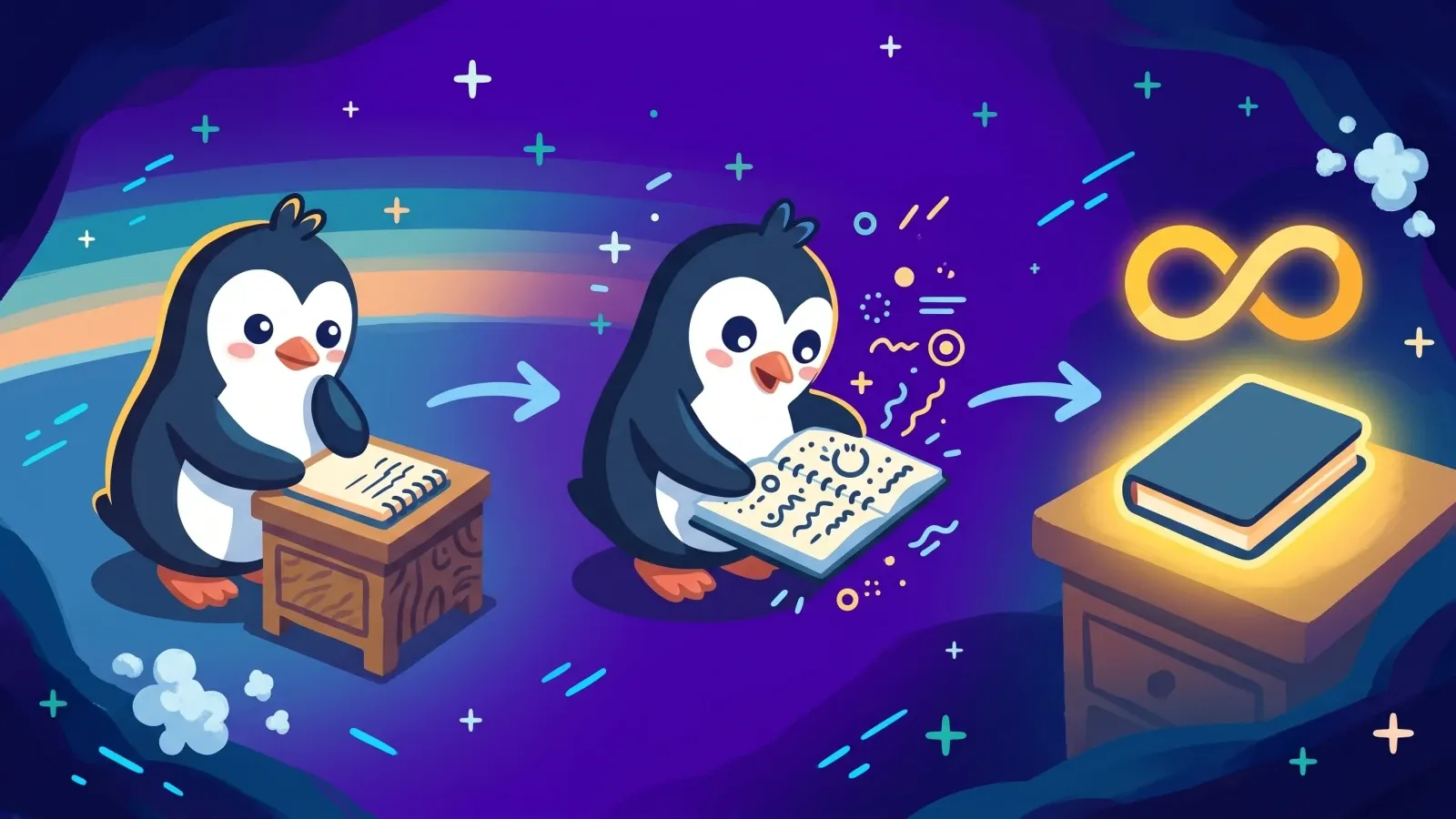 A Quippy penguin moves a replay loop onto a blank notepad, then closes the notebook under a warm night glow.