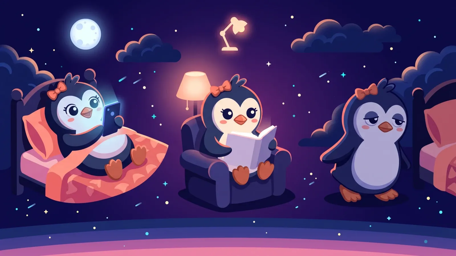 A Quippy penguin moves from bed to a dim chair with a blank book, then returns sleepier under moonlight.