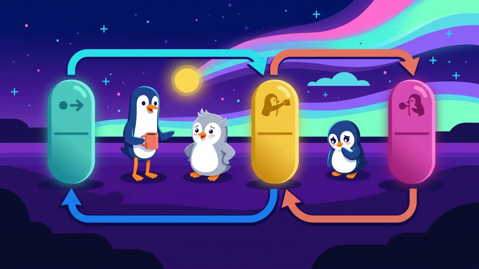 A penguin sitting calmly with the loop returning across several nights, signalling the daytime side needs attention too, illustrated
