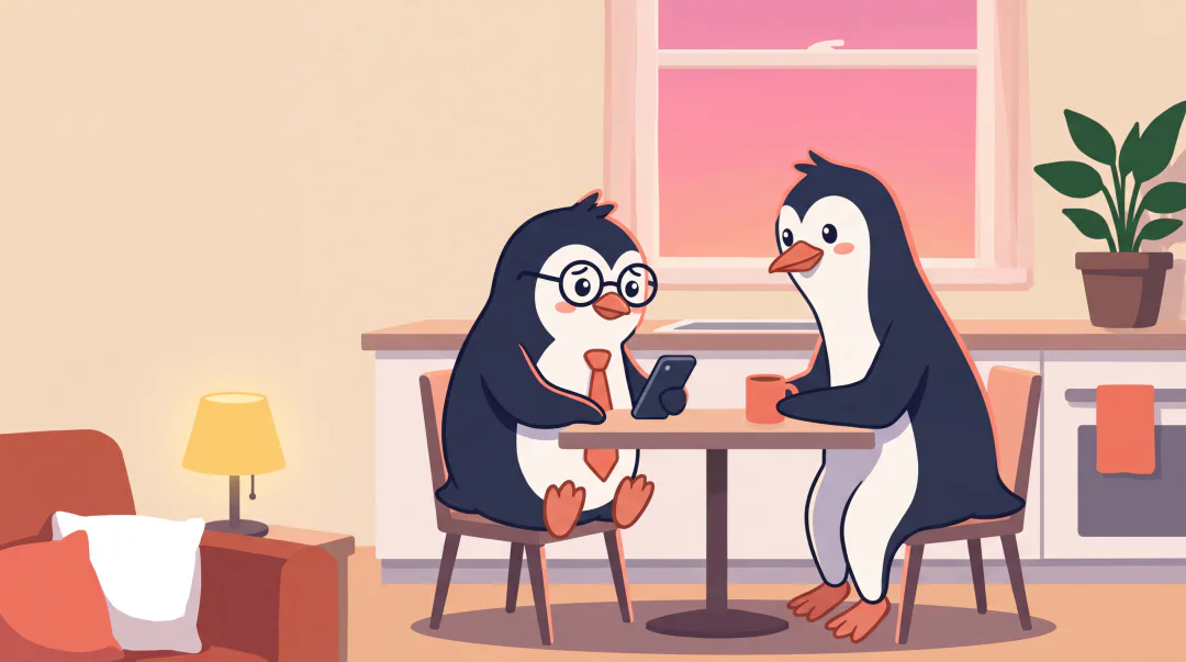 Sam and Jordan sit at a small kitchen table, with Sam holding his phone as they start to talk.