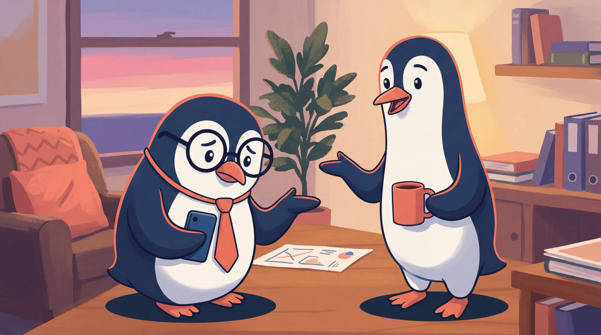 Fröhliche Pinguine veranschaulichen, wie man reagiert, wenn man bei der Arbeit von jemandem unterbrochen wird.