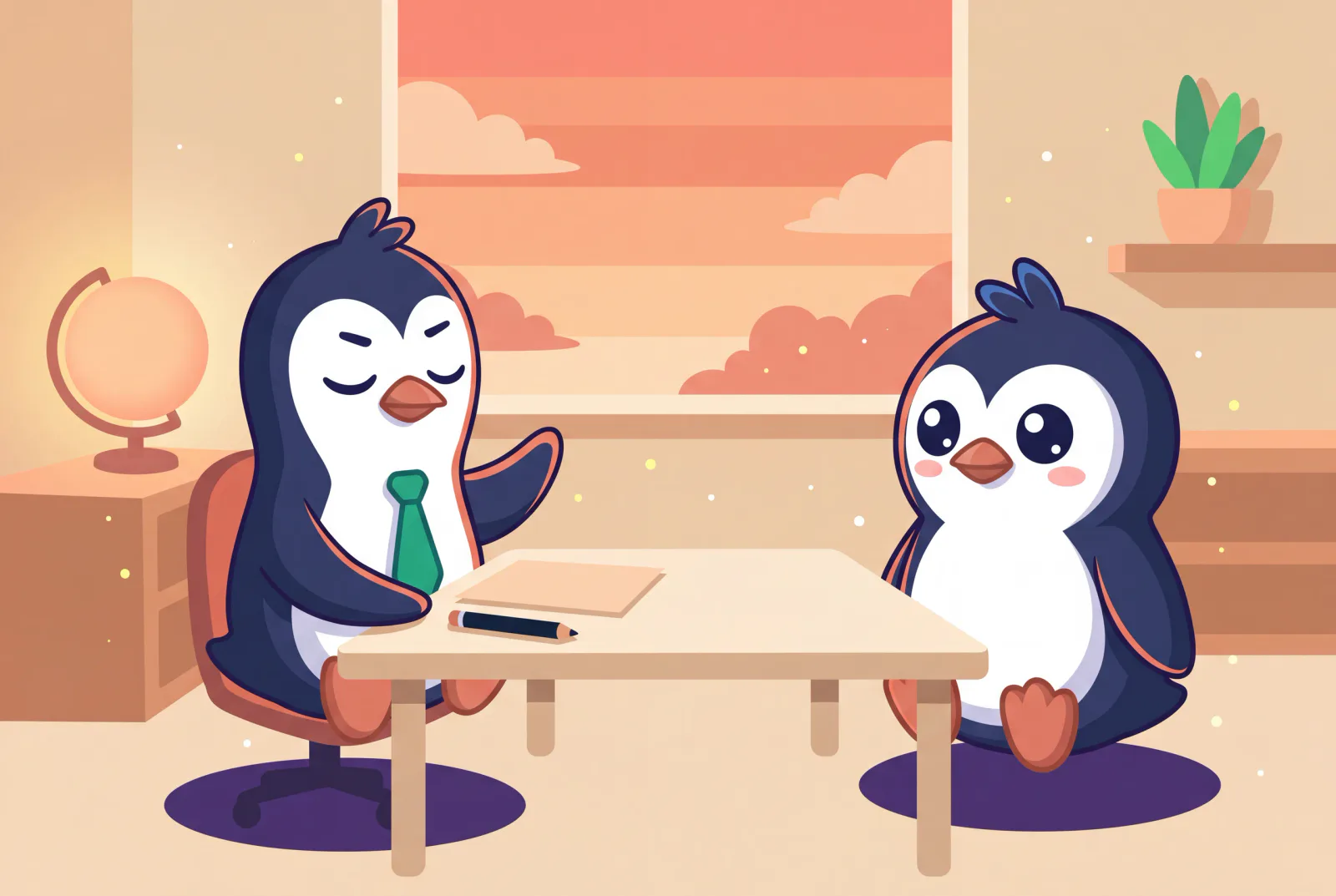 Ein Pinguin gestikuliert ruhig, während er in einer Besprechung einen Punkt beendet.