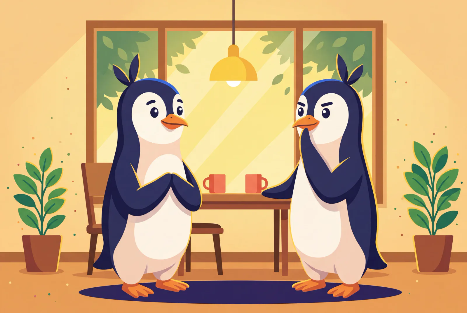 Zwei Pinguine besprechen privat in einem Büro ein Anliegen.