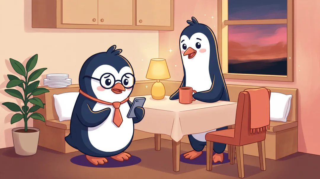Quippy penguins illustrating how to disagree with your parents respectfully.