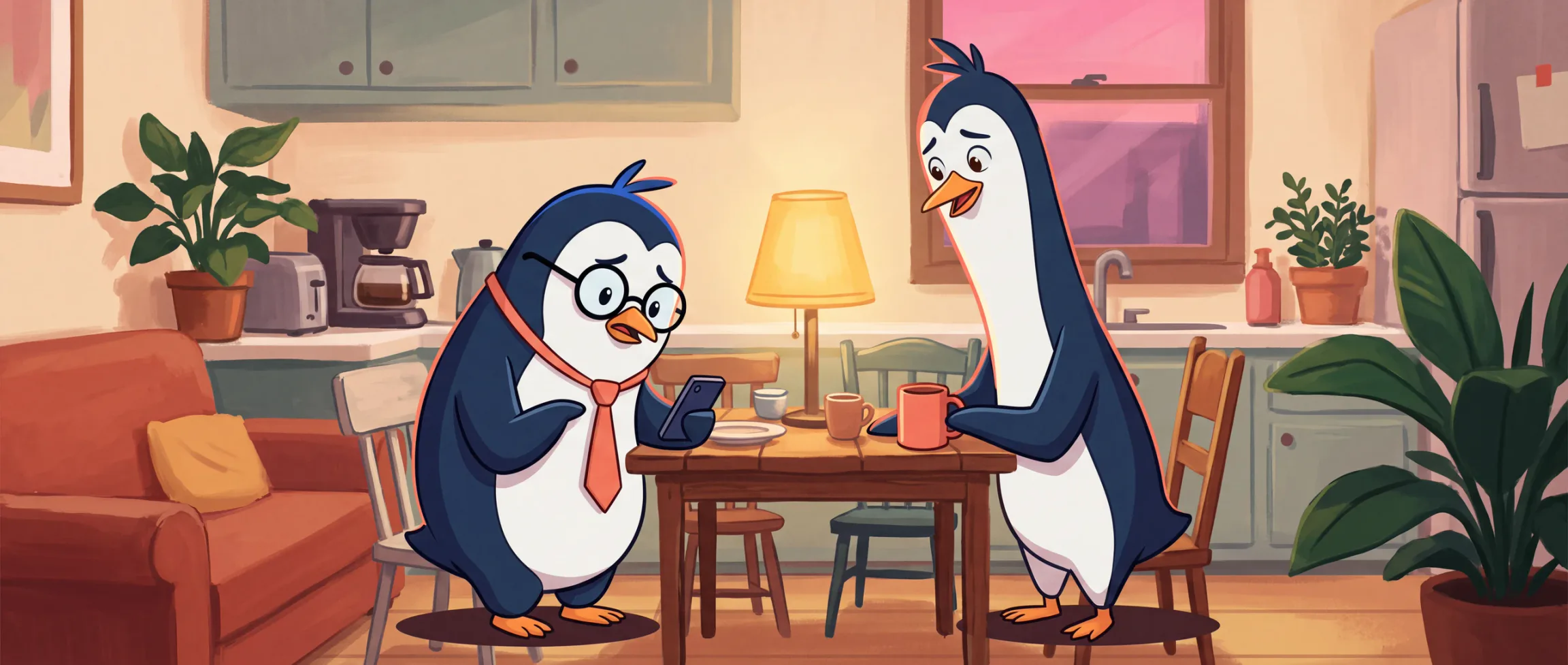 Quippy penguins illustrating how to disagree with your parents respectfully.