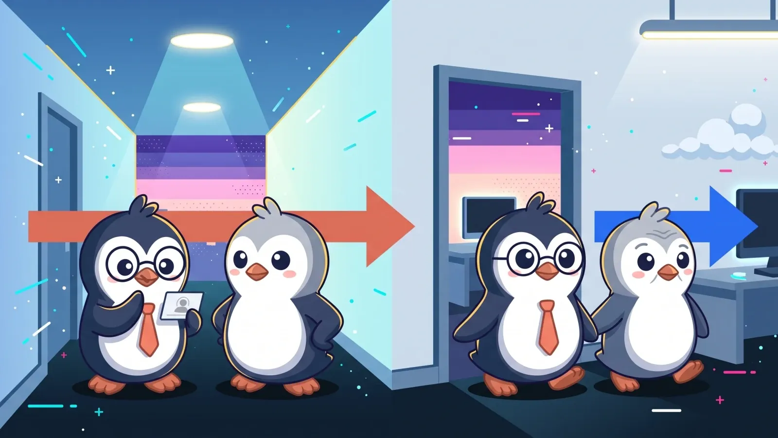 Two Quippy penguins move through an office hallway from preparation toward the conversation, guided by unlabeled arrows.