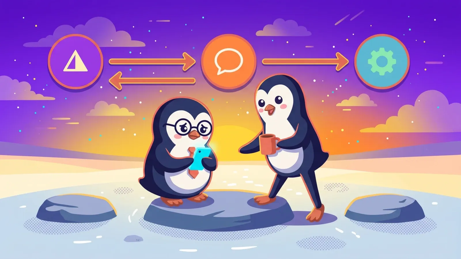 Two Quippy penguins cross a sunrise path of stepping stones, showing when rehearsal needs a calmer outside anchor.