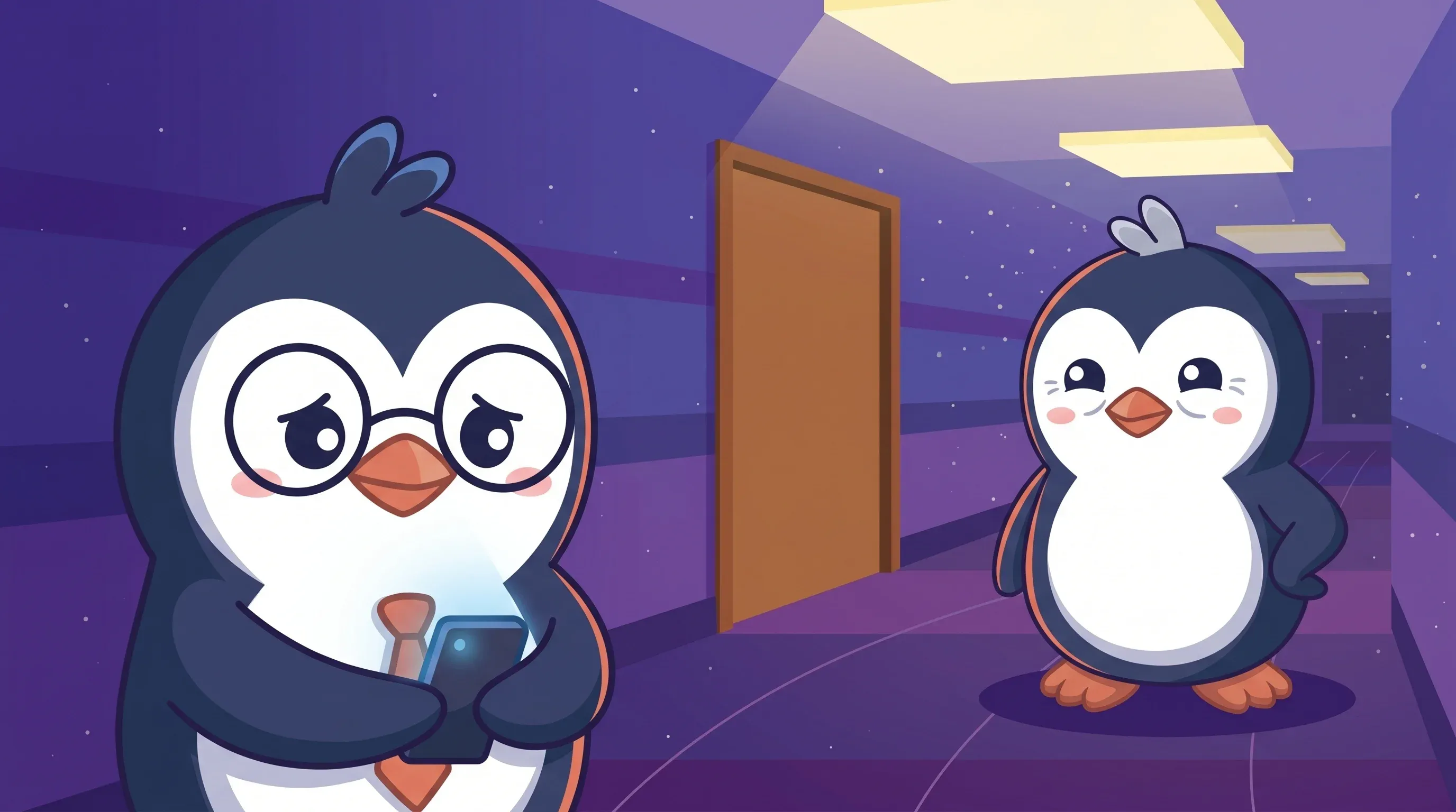 Two Quippy penguins wait in a hallway before a conversation, one nervous and one steady beside an open doorway.