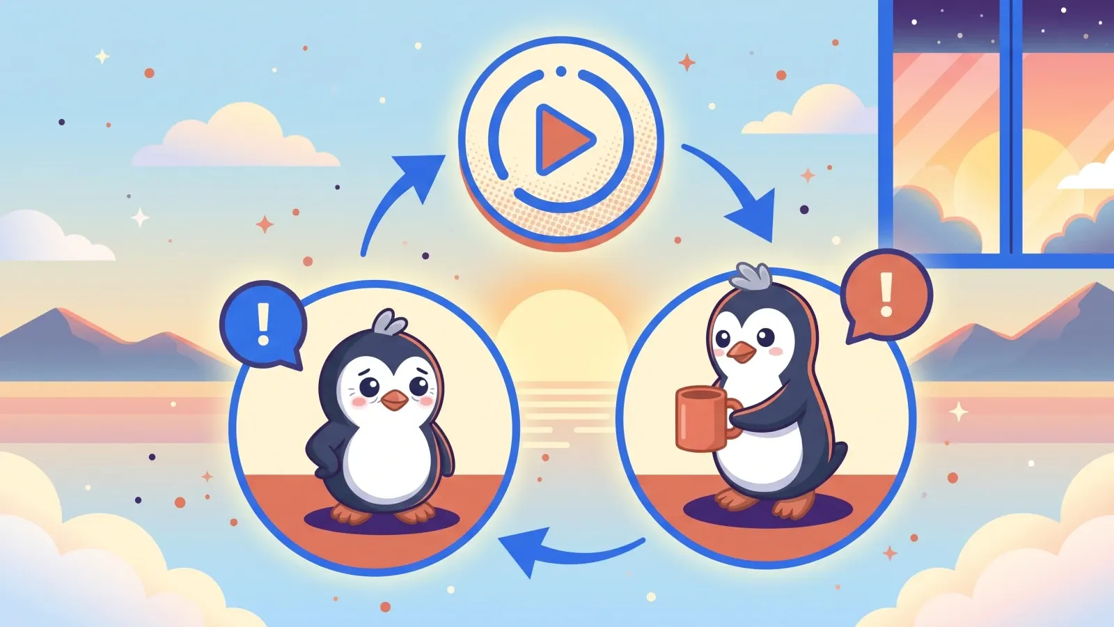 A warm sunrise loop diagram showing two Quippy penguins moving from a replay spiral toward a calmer next step.
