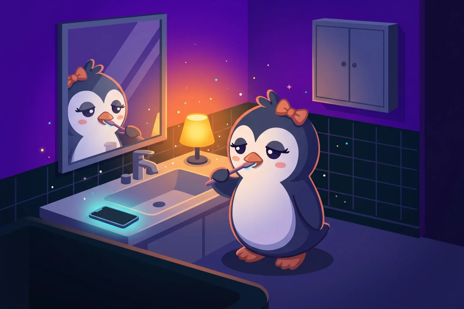 A penguin pauses at a bathroom sink at night, toothbrush halfway up, lost in thought as a quiet conversation replays in her head.
