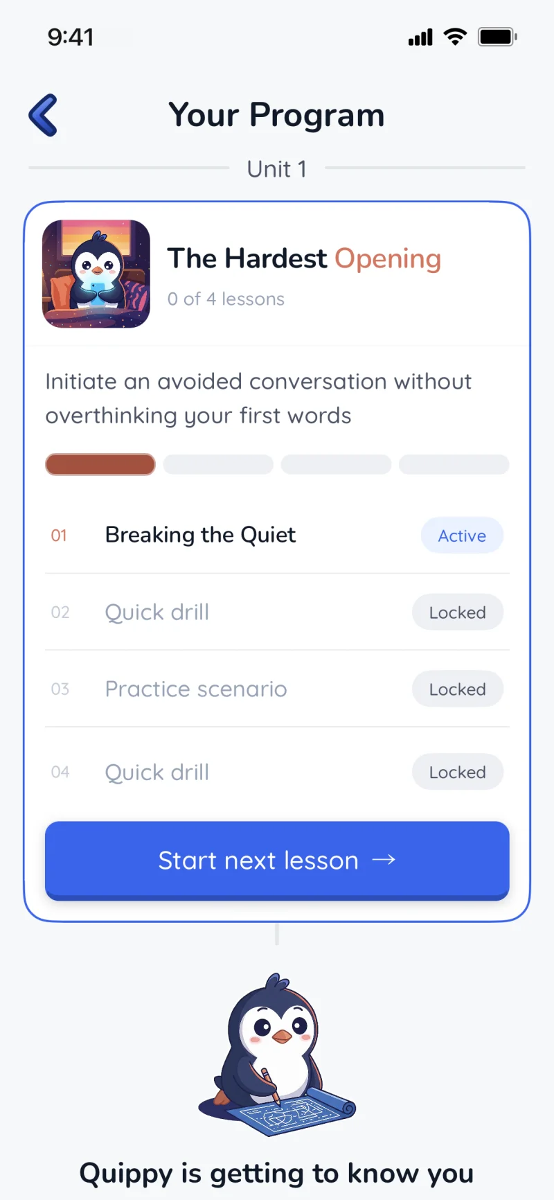 Quippy program screen showing Unit 1, The Hardest Opening, with four lessons, the first one active, and a Start next lesson button.