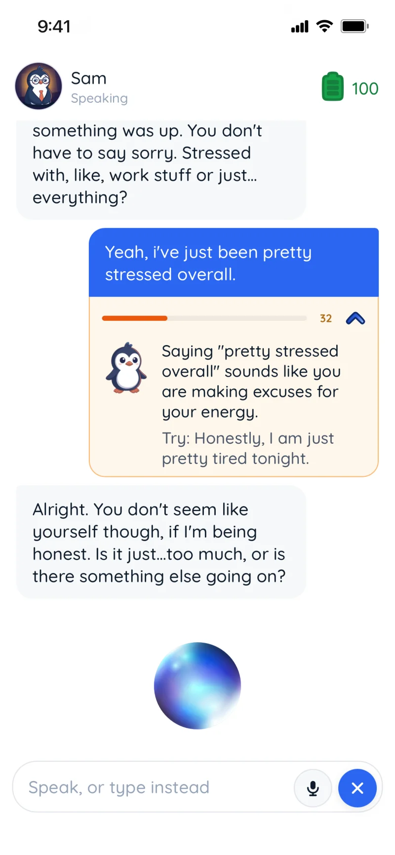 Live Quippy practice conversation with Sam, showing the user's reply, an inline coaching card suggesting a stronger line, and a voice input orb.