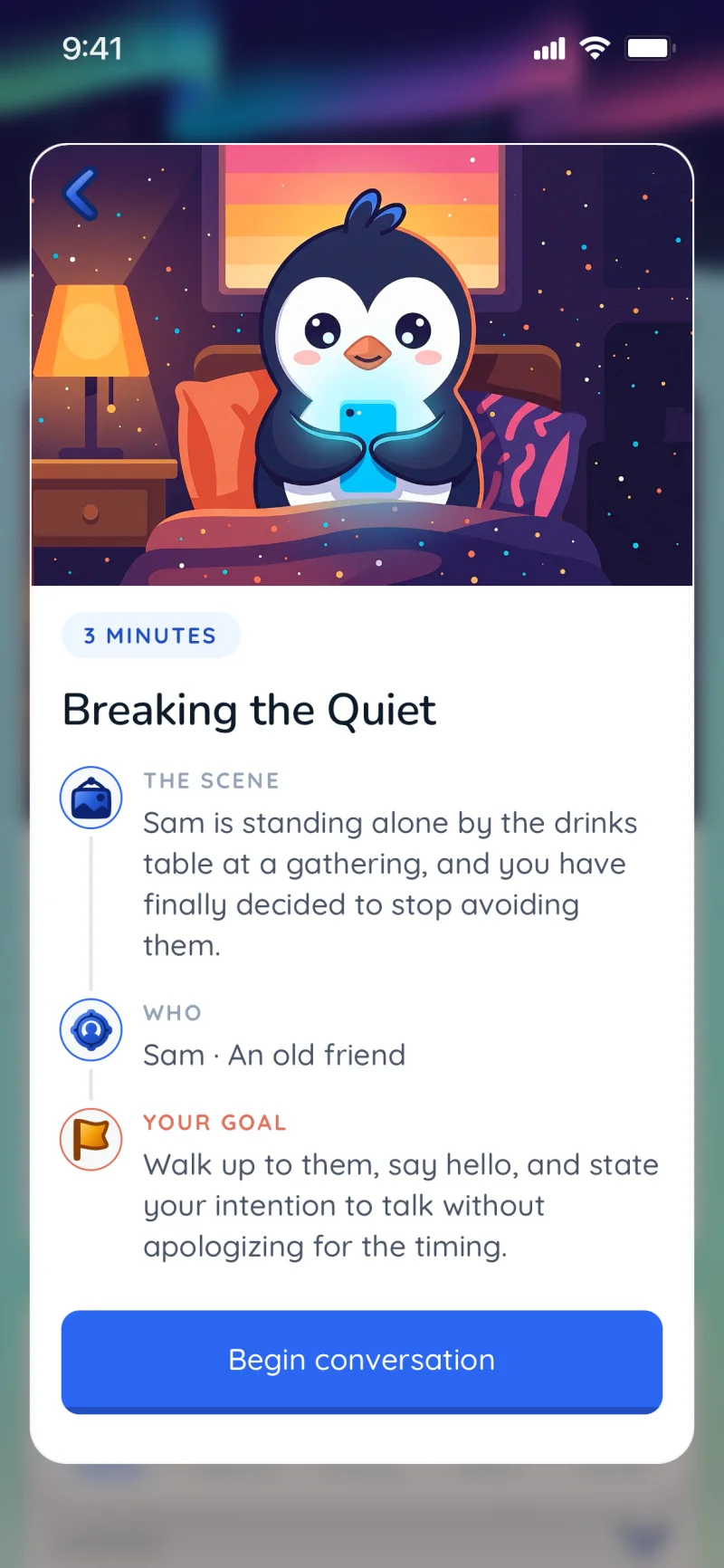 Quippy scenario brief titled Breaking the Quiet: a three minute scene with an old friend named Sam, your goal for the moment, and a Begin conversation button.